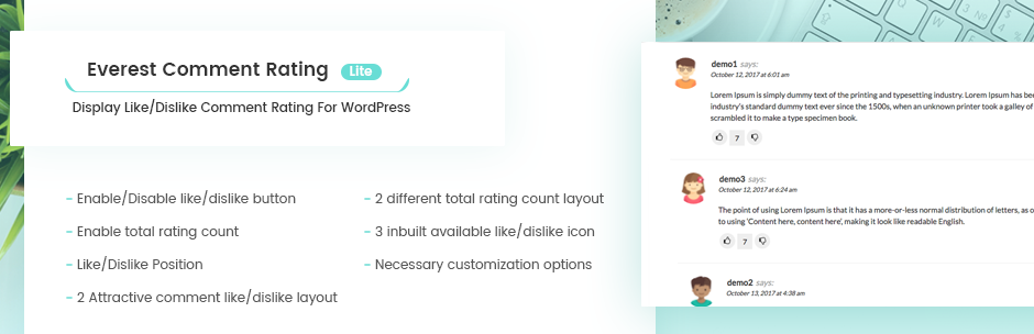 WordPress Free WordPress Plugin To Display Like/Dislike Comment Rating – Everest Comment Rating Lite Plugin Banner Image