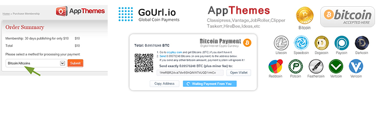 WordPress GoUrl AppThemes – Bitcoin Payments for Classipress, Vantage, JobRoller, etc Plugin Banner Image