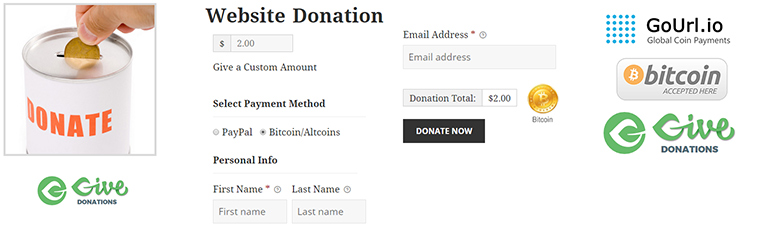 WordPress GoUrl Bitcoin Paypal Donations – Give Addon Plugin Banner Image