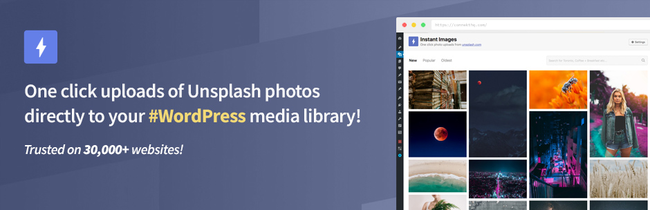WordPress Instant Images – One Click Unsplash Uploads Plugin Banner Image